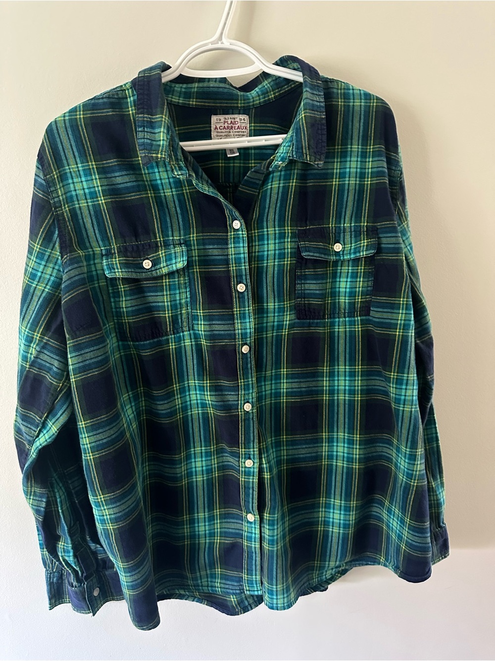 Old Navy Green & Navy Plaid Button-Down Shirt